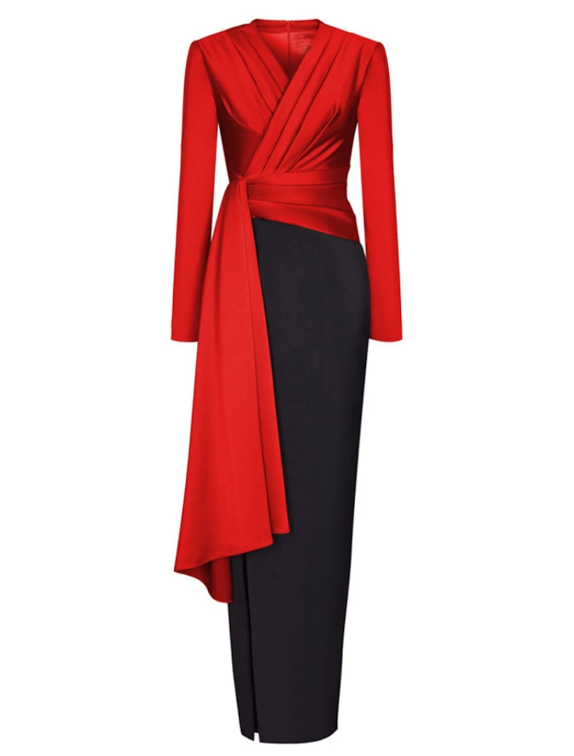Model wearing an elegant black A-line satin evening dress with a V-neck and long sleeves.