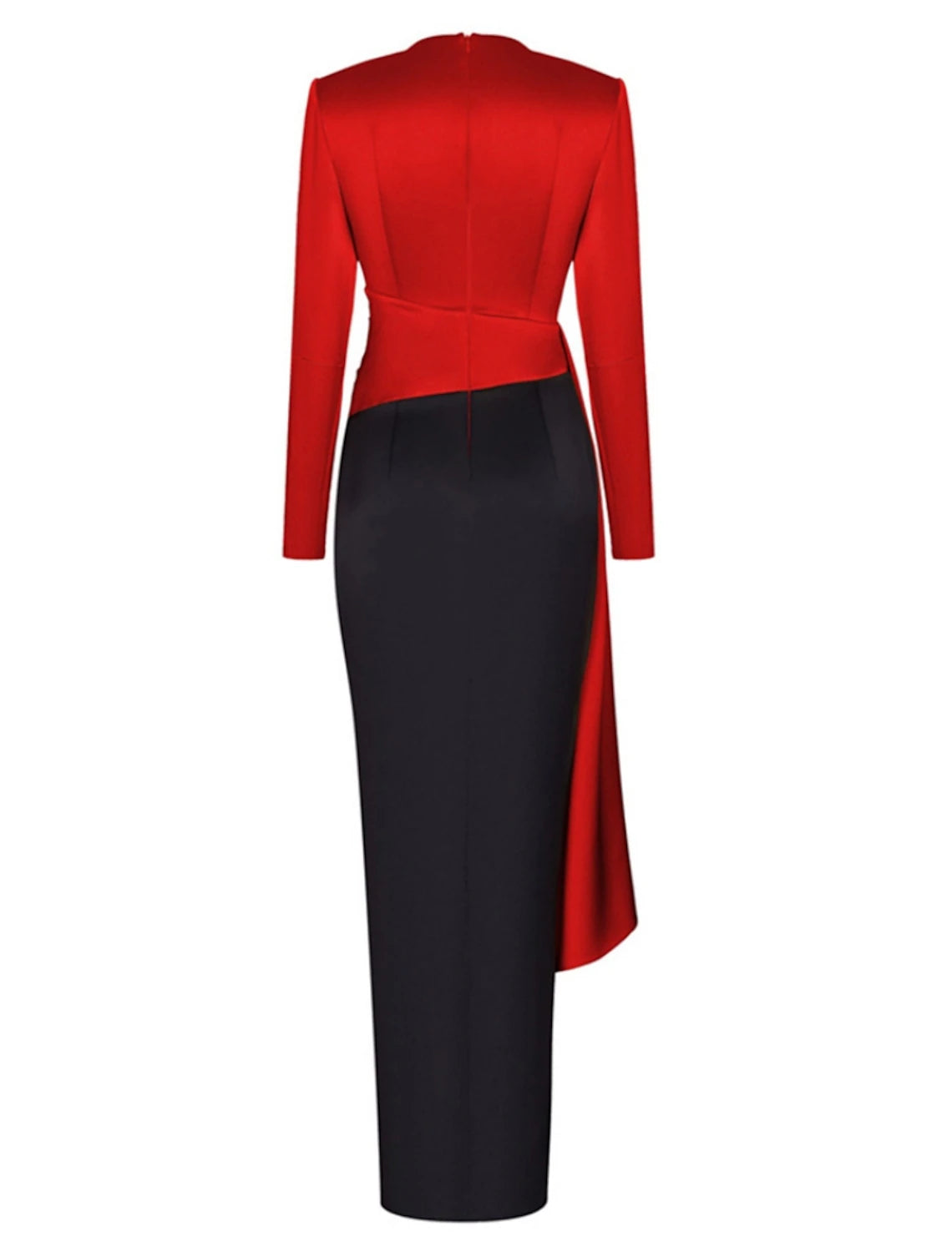 Side view of a woman in a black A-line satin dress, highlighting the ruched slit.