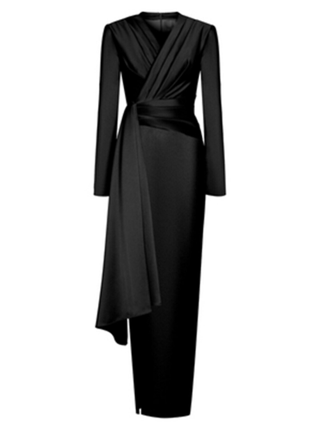 Back view of the black A-line satin dress, showing the elegant drape.