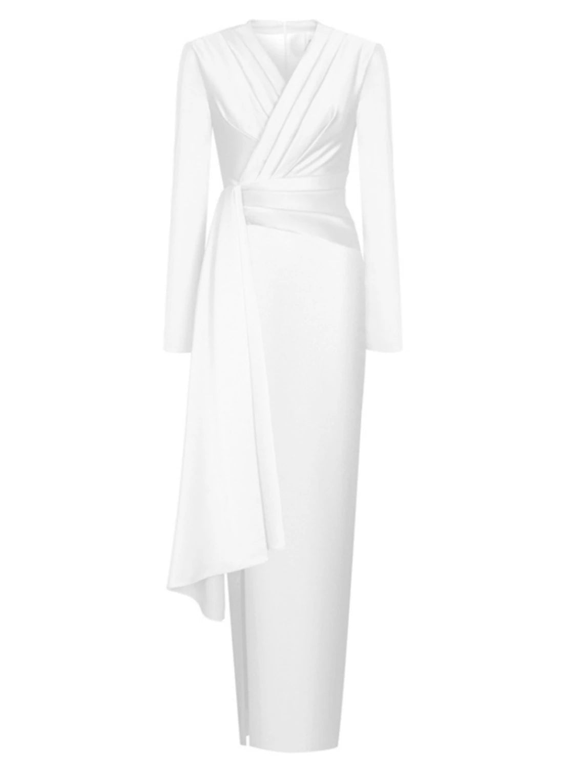 Close-up of the V-neckline and long sleeve detail on the black satin dress.