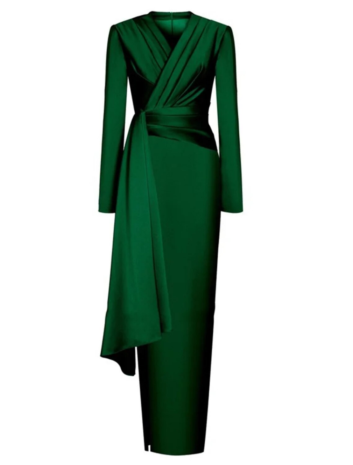Full length view of the black A-line satin dress, showcasing the ankle length.