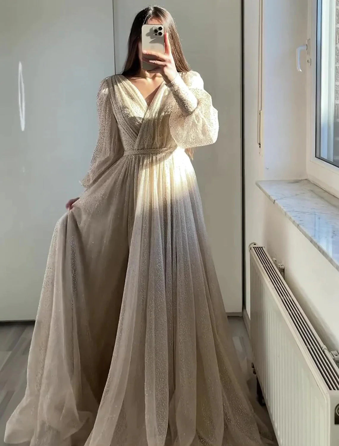 Elegant A-Line V-Neck long sleeve black tulle prom dress.