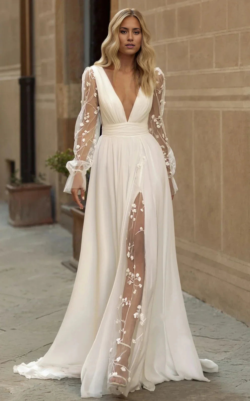 Full length view of the A-line boho wedding dress with long sleeves and V-neck.