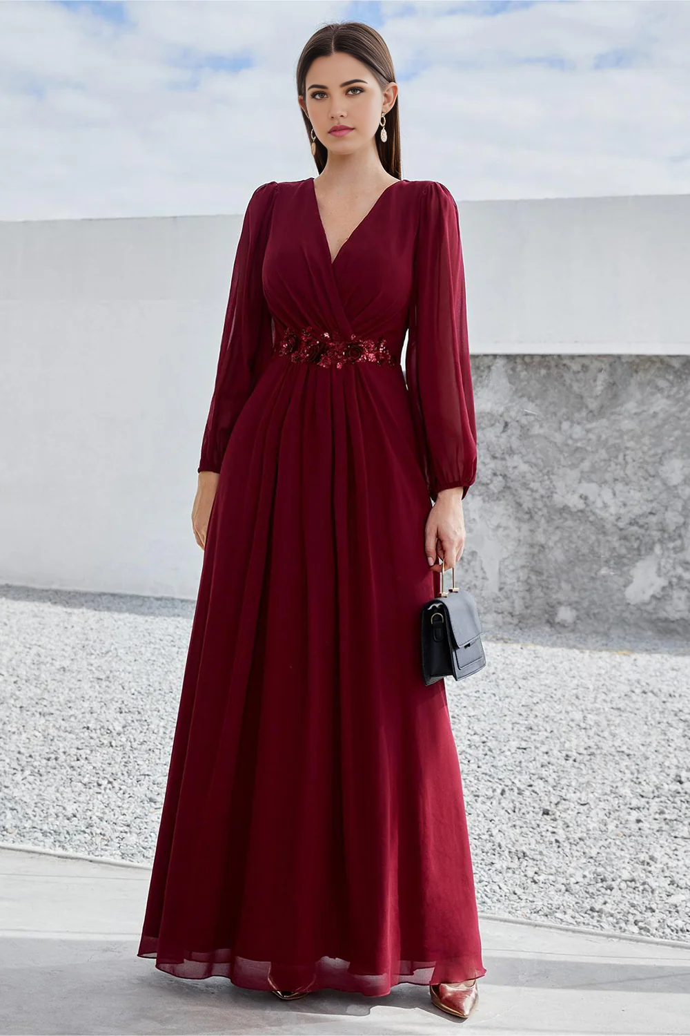 Elegant A-line Mother of the Bride dress in burgundy, front view.