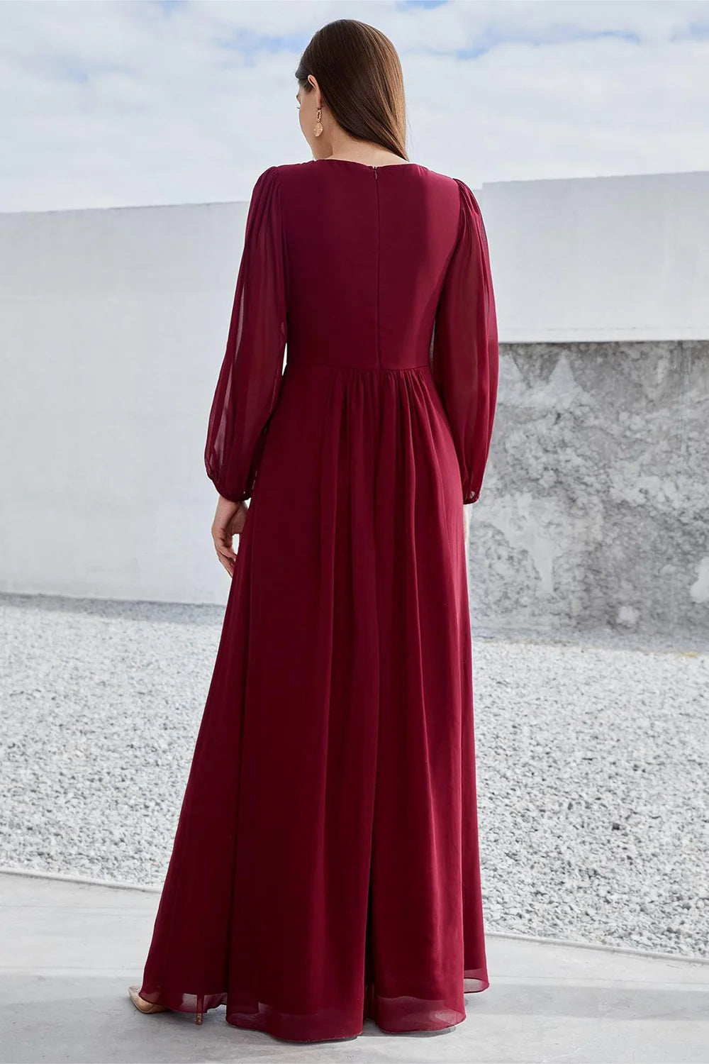 Burgundy A-line dress for Mother of the Bride, side view.