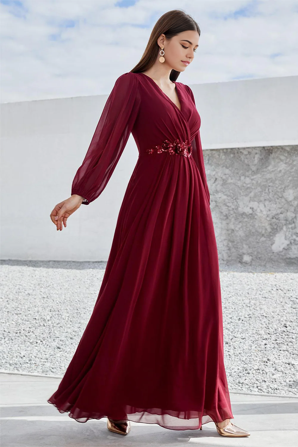 Back view of a long sleeve V-neck burgundy Mother of the Bride dress.
