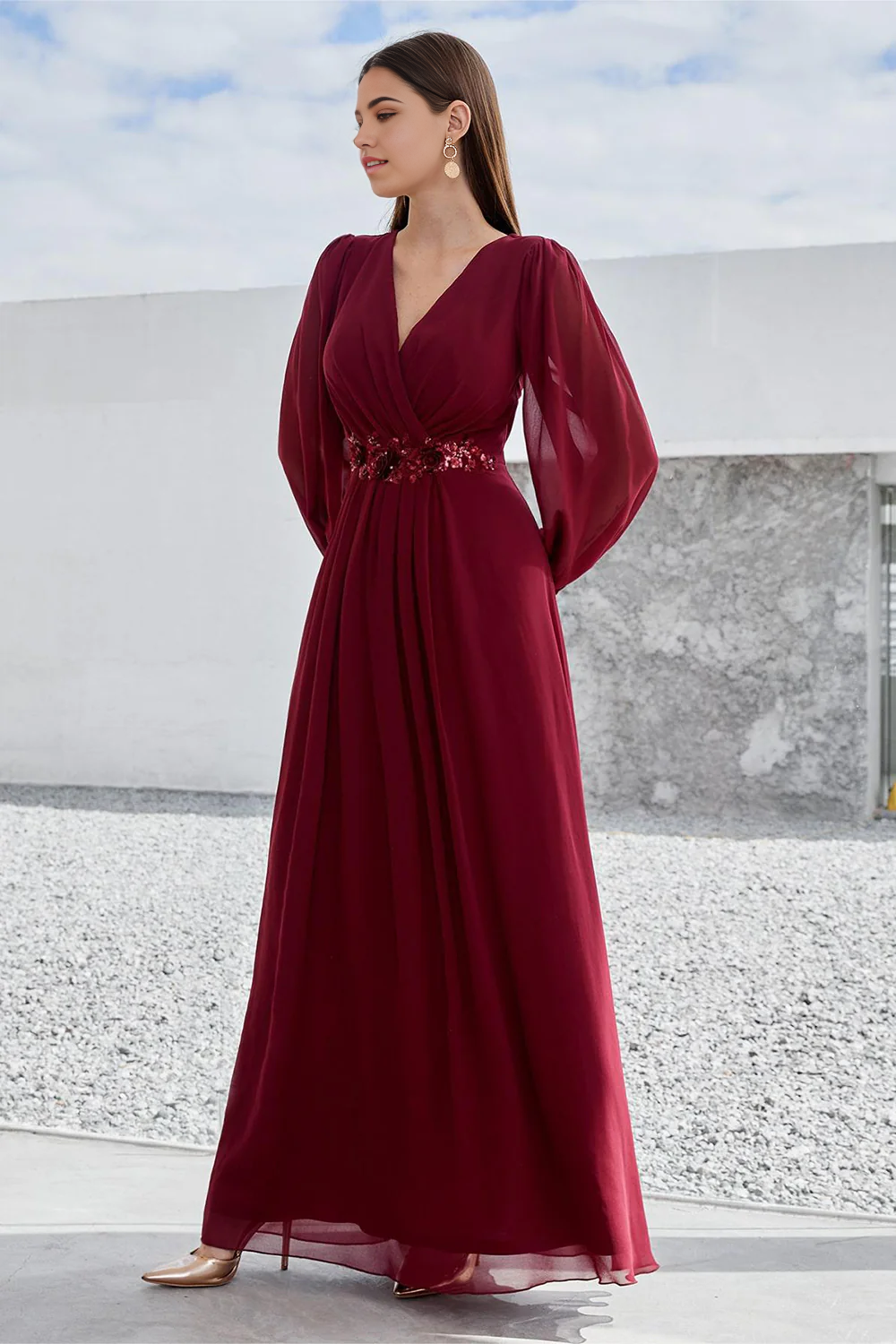 Mother of the Bride maxi dress in burgundy, showing full length.