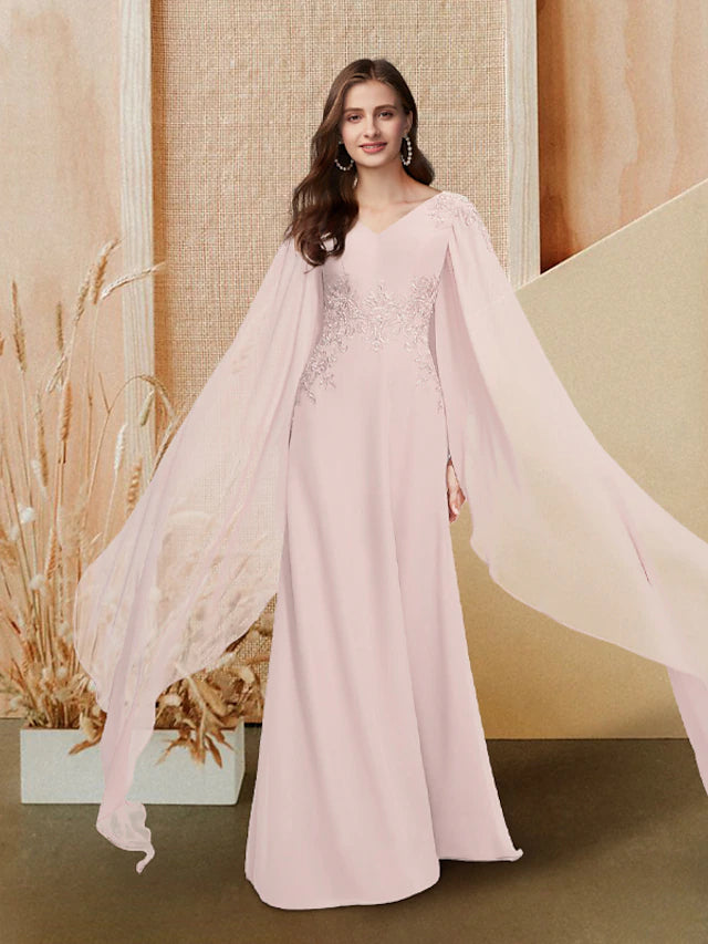 Elegant A-Line V-Neck long sleeve chiffon prom dress.