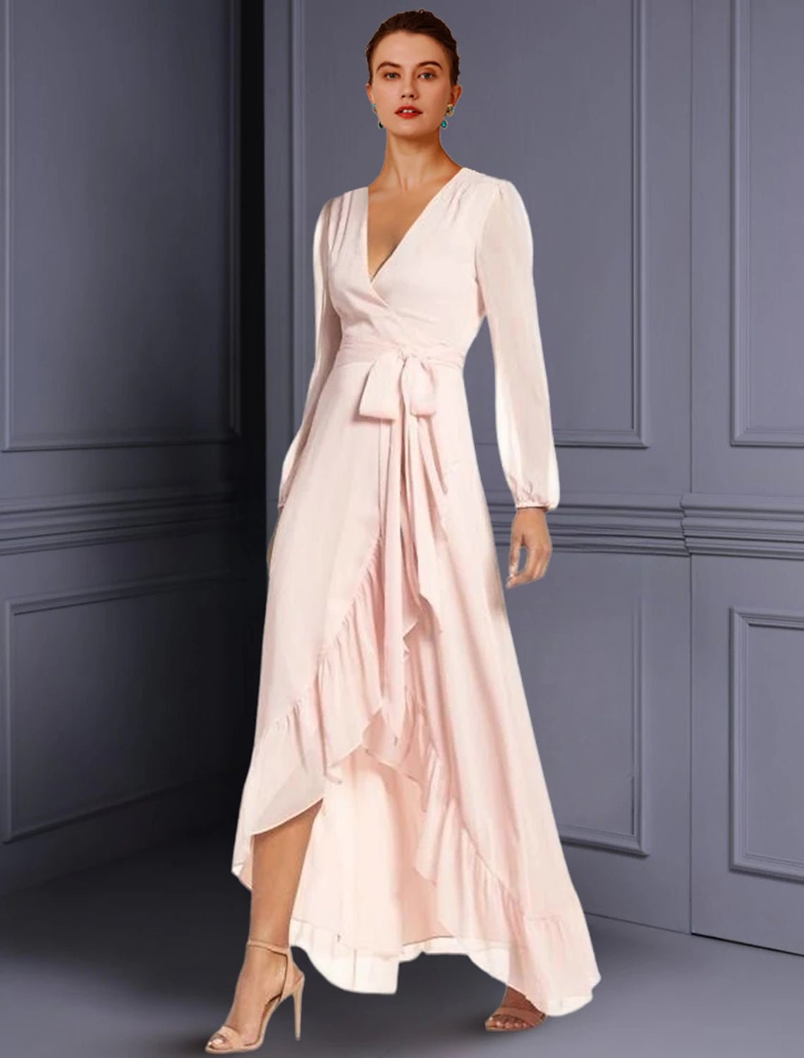 Model wearing an elegant A-line V-neck long sleeve chiffon high-low dress, suitable for weddings.