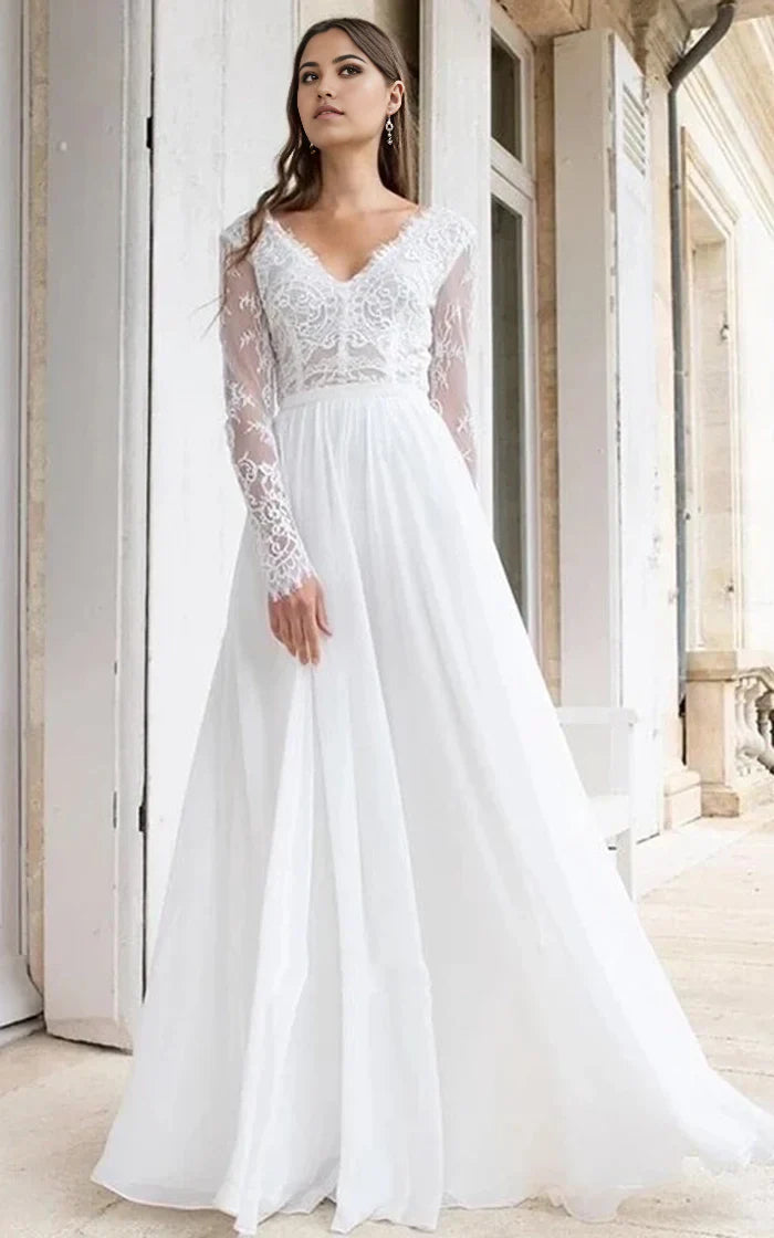 Elegant A-line floor-length wedding dress with V-neck, long sleeves, and delicate chiffon lace.
