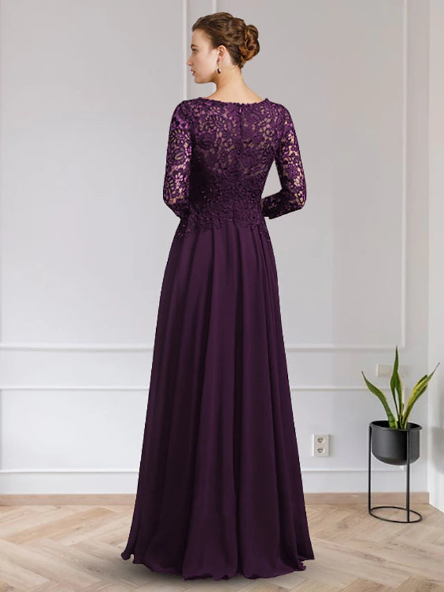 Back view of the A-line Mother of the Bride dress, showing floor-length chiffon skirt.