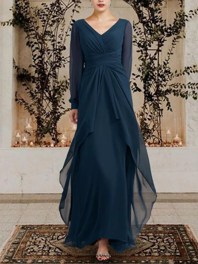Chiffon long sleeve dress with elegant side-draped ruffles.