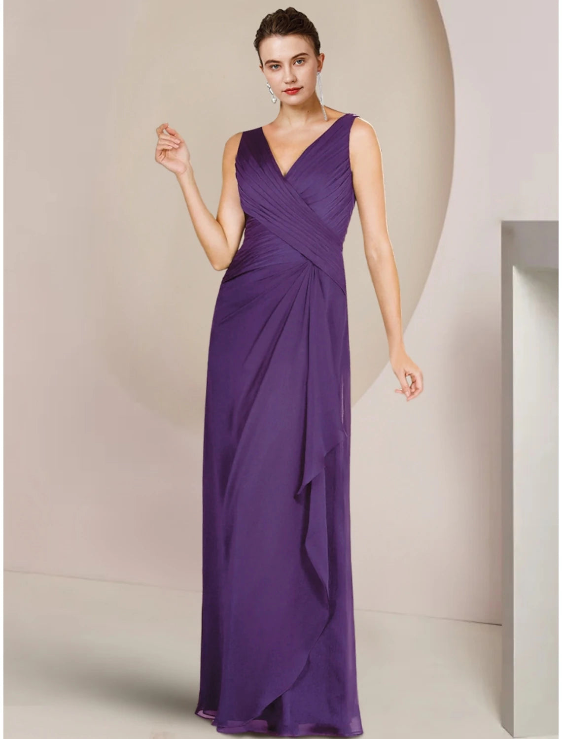 Side profile of the elegant V-neck long sleeve dress, highlighting the flowing chiffon.