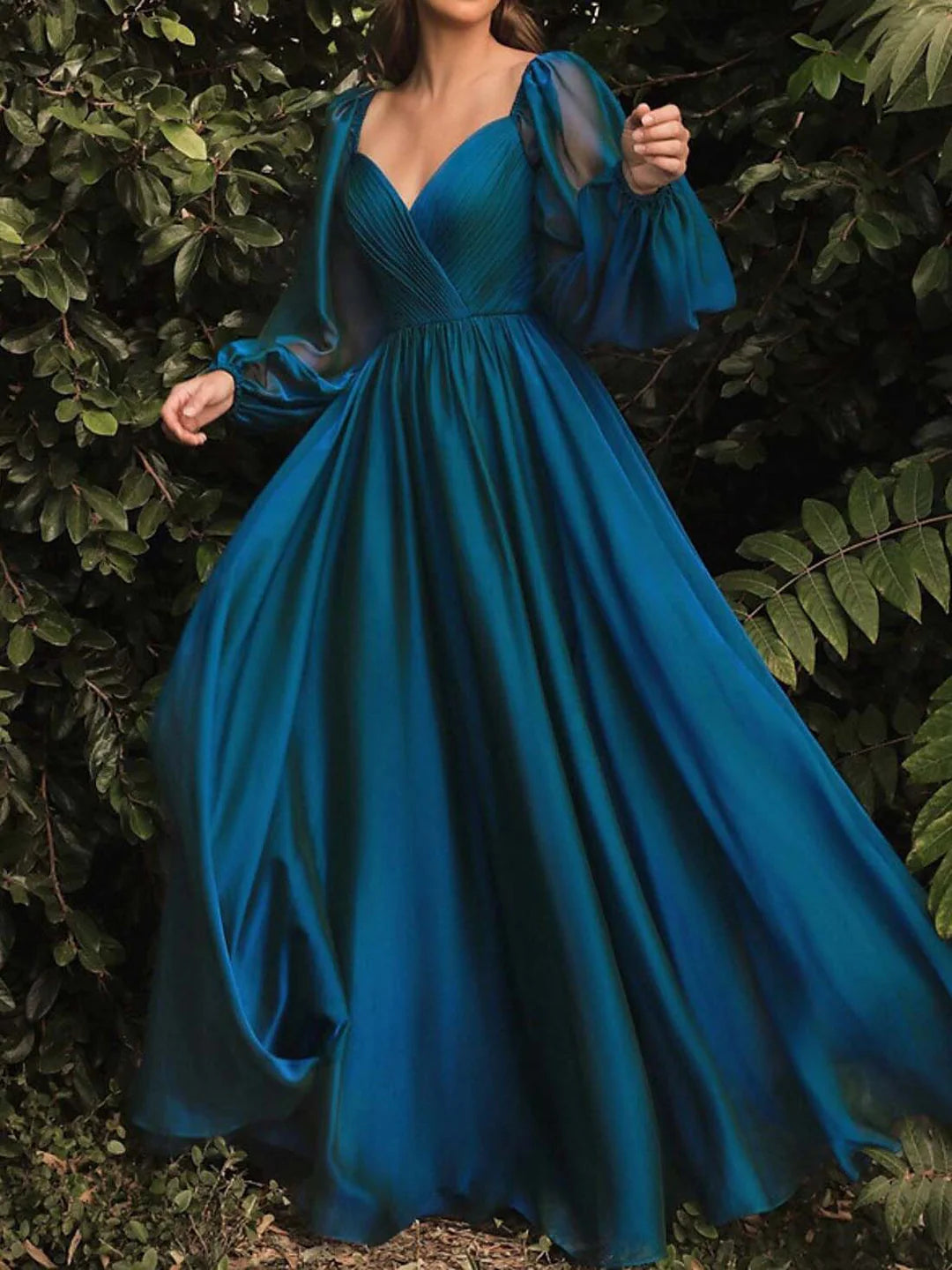 Elegant A-line V-neck long sleeve floor length prom dress.