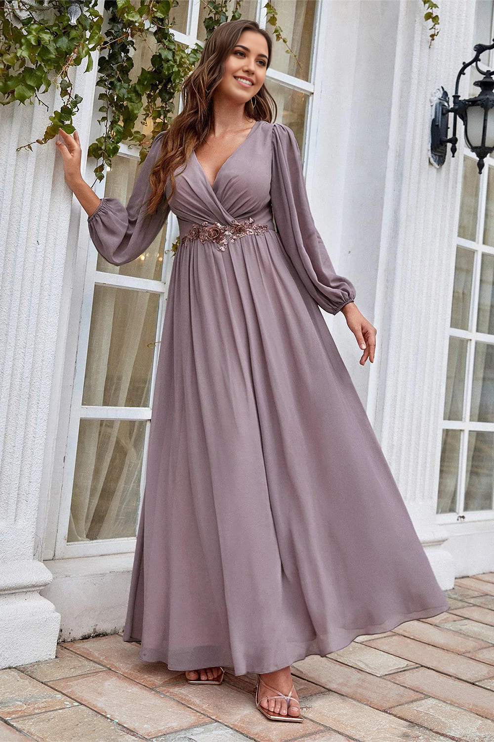 Elegant A-line Mother of the Bride dress with V-neck and long sleeves.