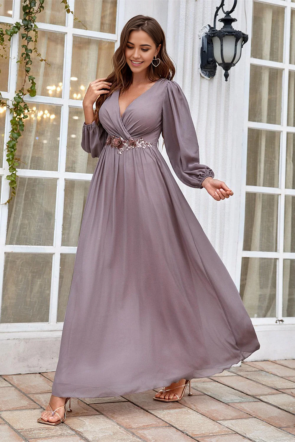 Side profile of the long sleeve V-neck formal dress.