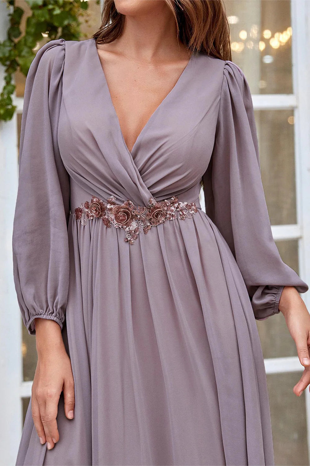 Full length view of the elegant Mother of the Bride dress.