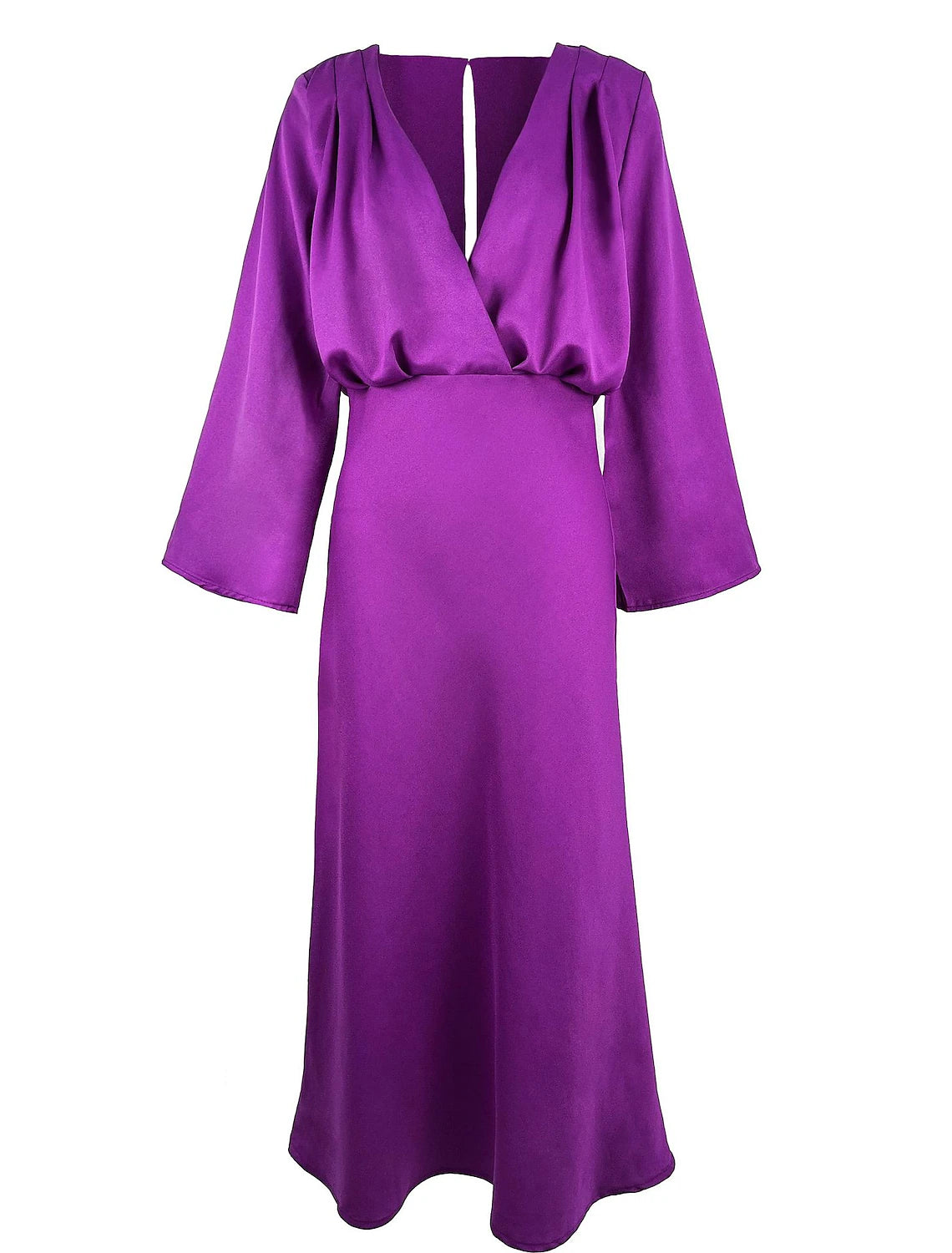 Elegant A-line V-neck long sleeve dress with fringe detail.
