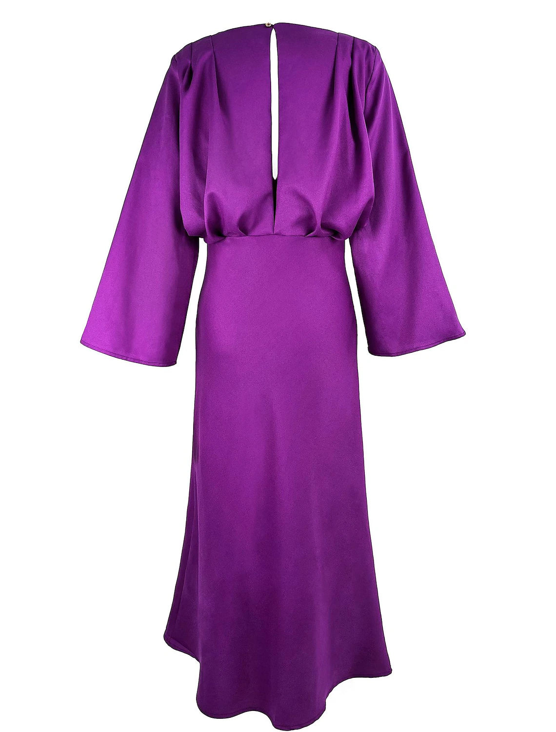 Back view of the ankle length A-line dress, showing flow.