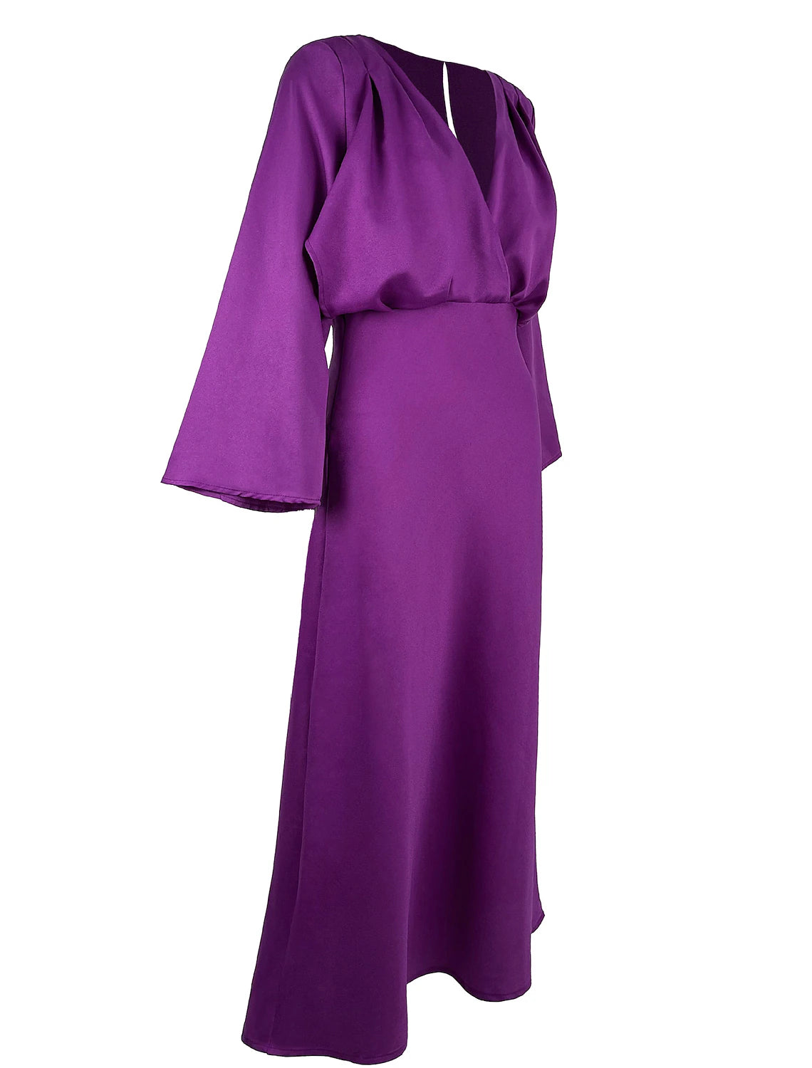 Side profile of the A-line wedding guest dress.