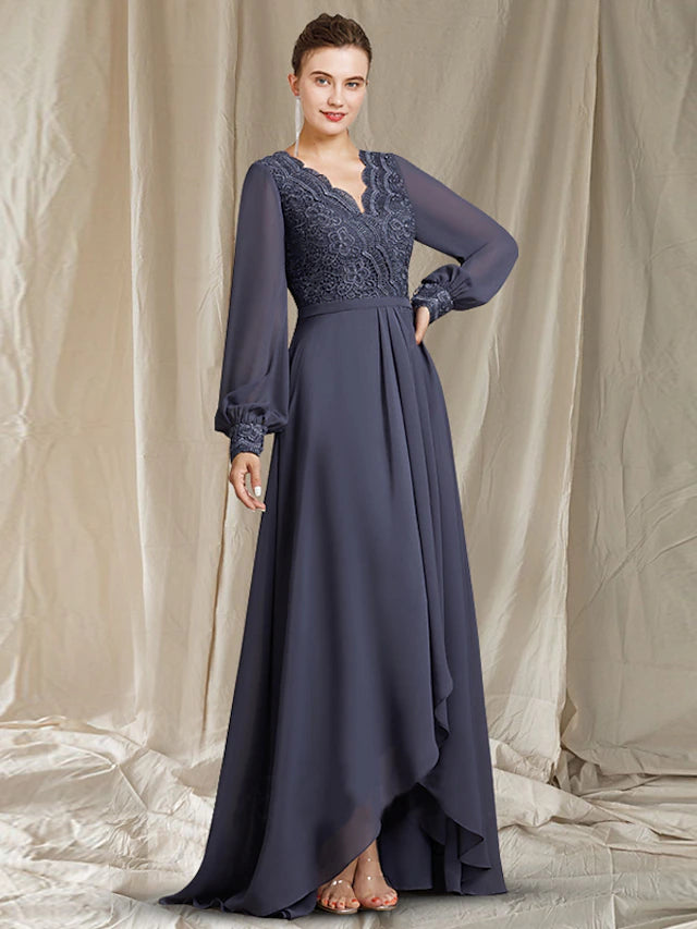 Elegant A-Line Mother of the Bride dress with V-neck, long sleeves, high-low tea length, and lace details.