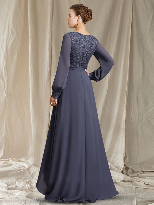 Back view of the elegant A-Line Mother of the Bride dress, showcasing the sweep train and pleated skirt.