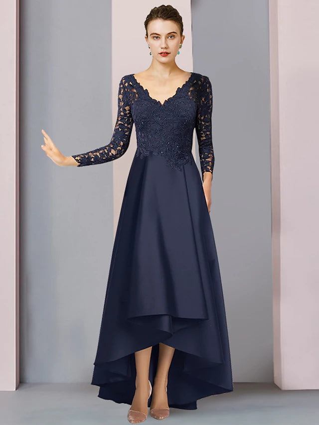 Elegant A-line mother of the bride dress with V-neck and long sleeves.