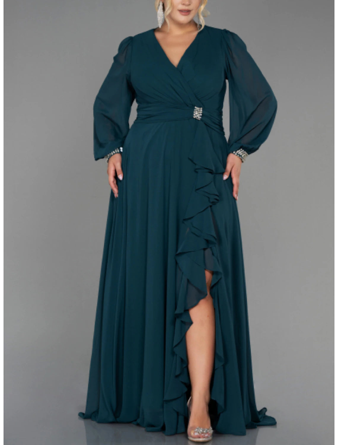 Full length view of the A-line formal dress, suitable for special occasions.