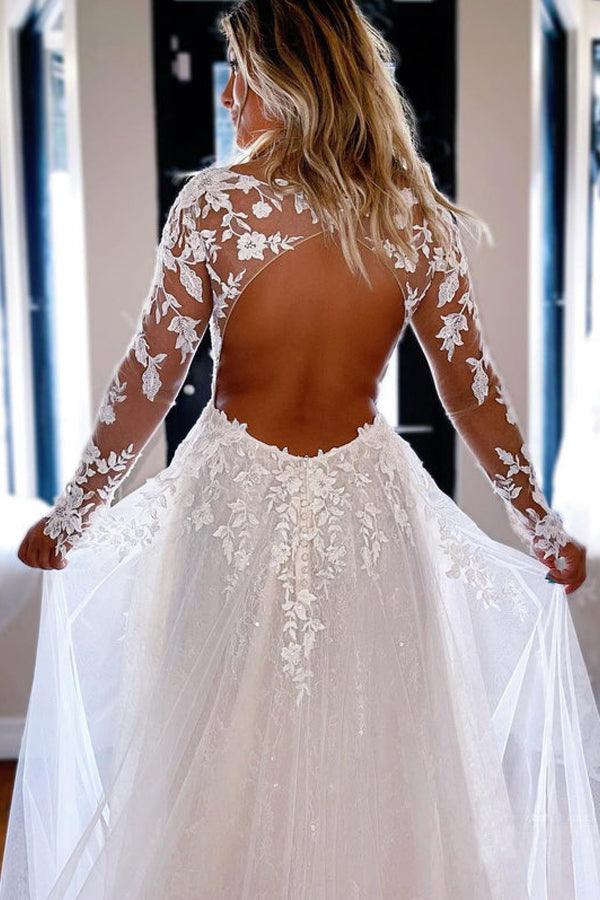 Back view of an A-line V-neck lace wedding dress with long sleeves.