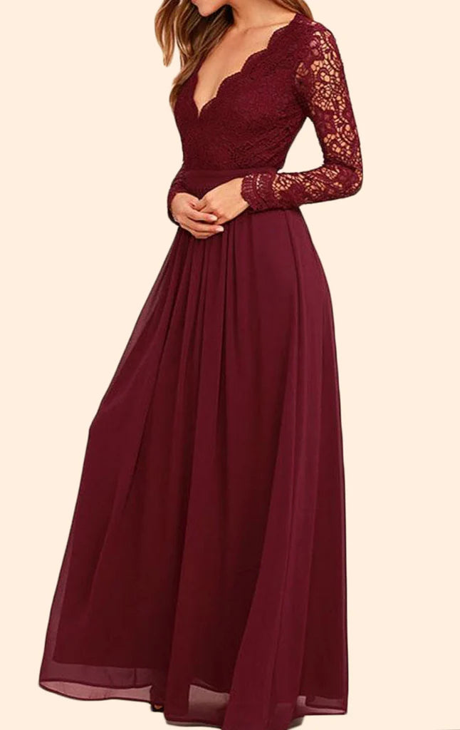 Elegant long sleeve V-neck lace chiffon prom dress.