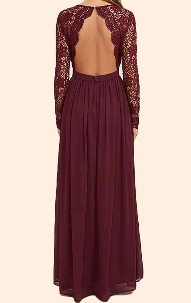 Graceful long sleeve V-neck lace chiffon gown.