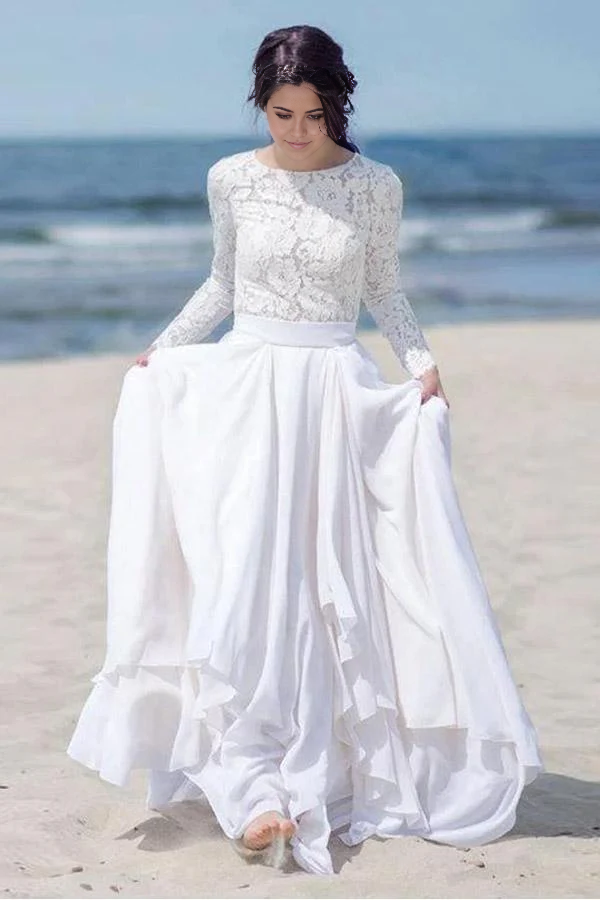 Elegant white A-line wedding dress with lace bodice and long chiffon sleeves.