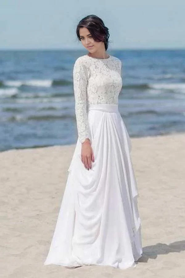 Front view of a V-neck long sleeve white bridal gown.