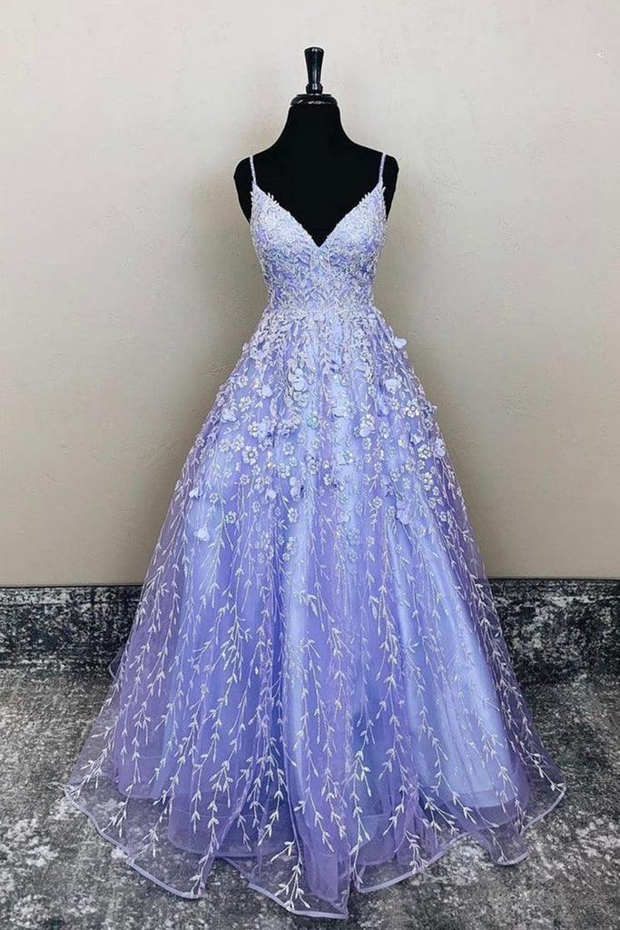 Elegant A-Line V-Neck long sleeve lace floral prom maxi dress, front view.