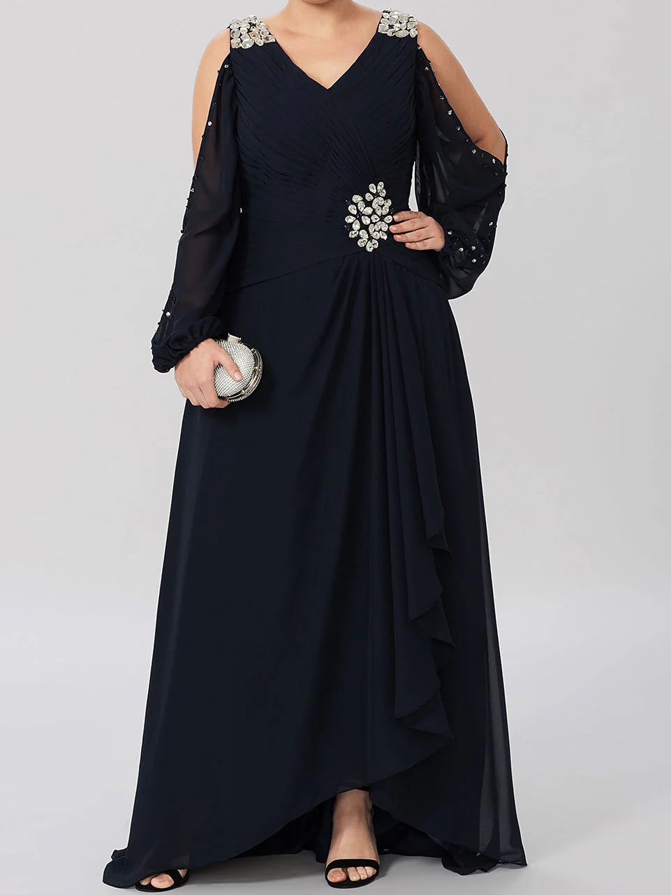Elegant A-line V-neck long sleeve maxi dress, perfect for a mother of the bride.
