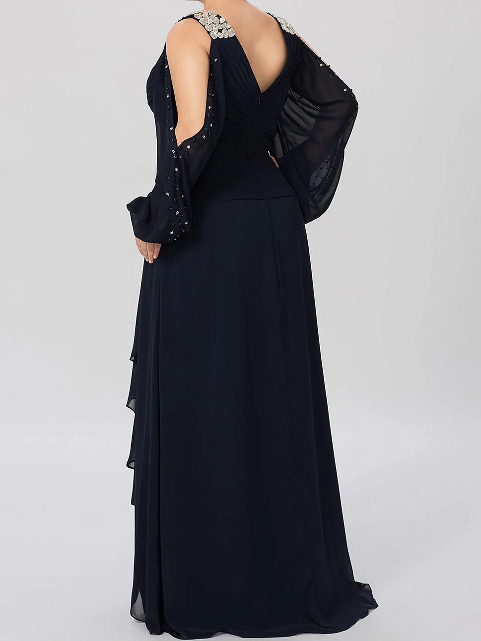 Back view of an elegant A-line V-neck long sleeve maxi dress, suitable for formal occasions.