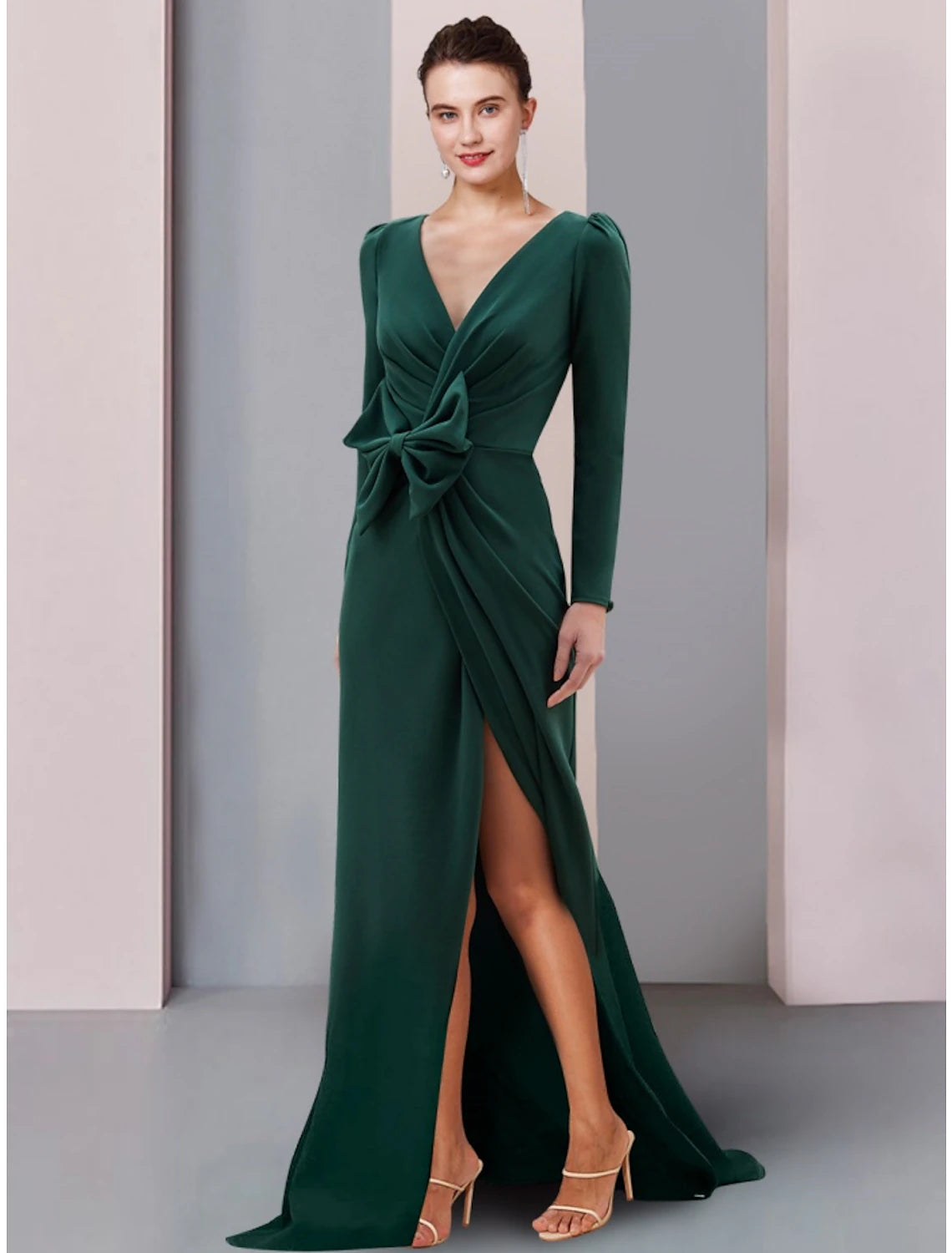 Elegant A-Line Mother of the Bride dress with V-neck, long sleeves, and front ruching.