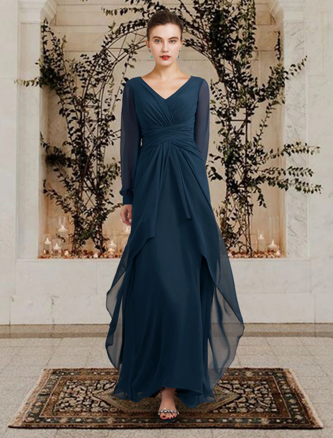 Elegant A-line V-neck long sleeve Mother of the Bride dress.