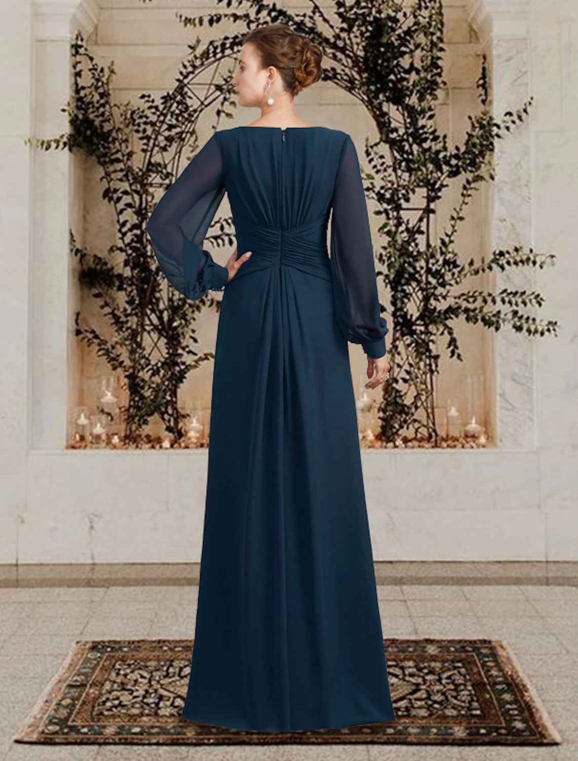 Side view of a plus size A-line chiffon dress with ruched details.