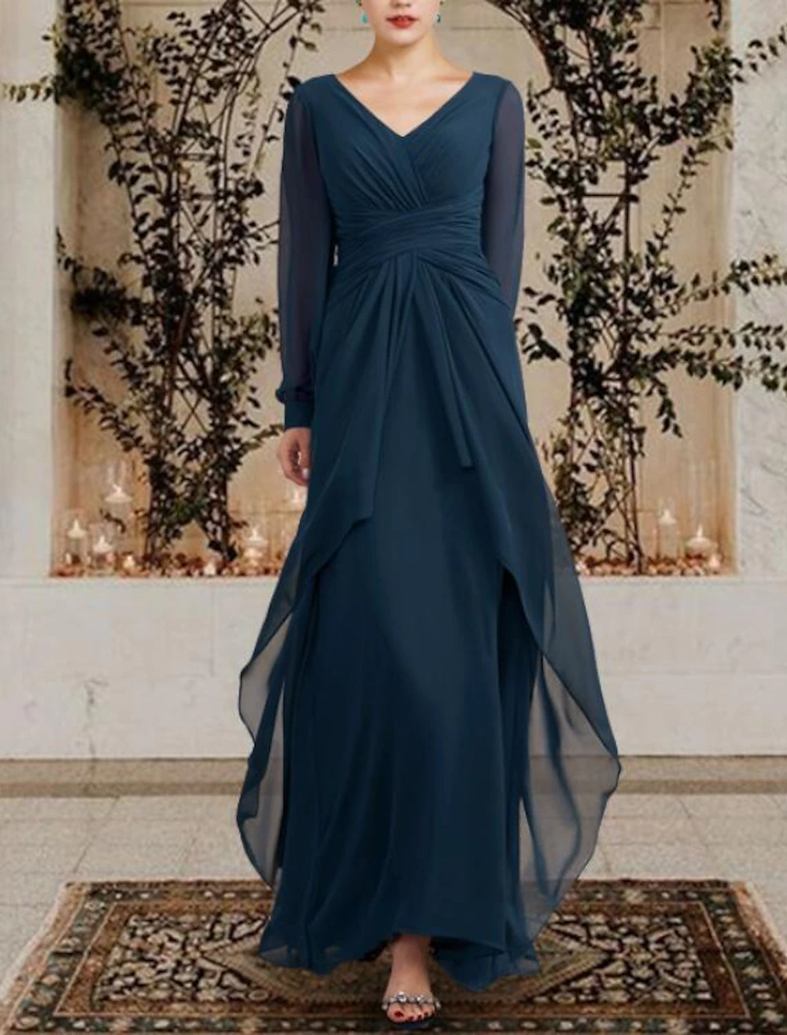 Close-up of the V-neckline and ruched ruffles on an elegant dress.