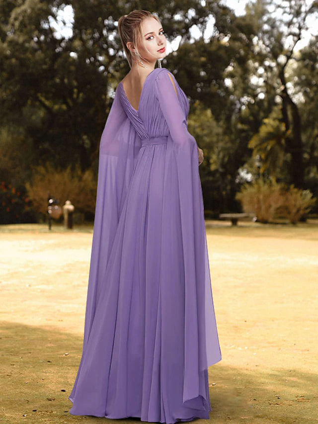 Flowy pleated chiffon floor-length dress for formal occasions.