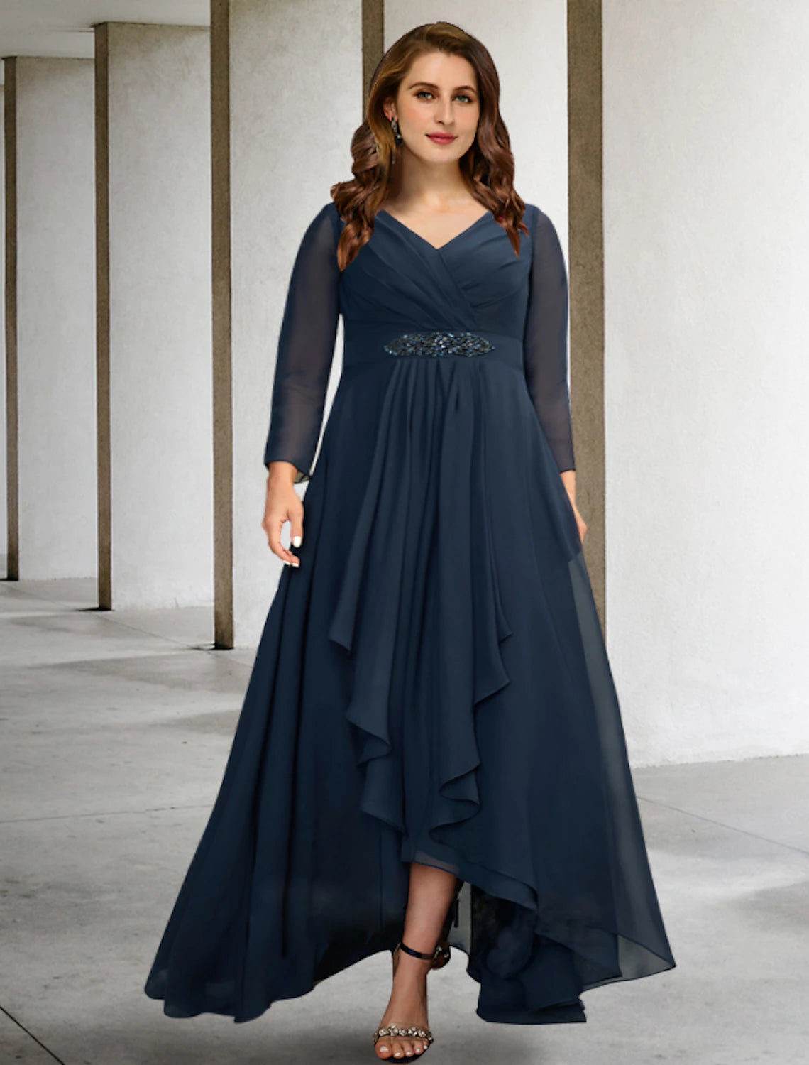 Plus size Mother of the Bride A-line dress with V-neck and long sleeves.
