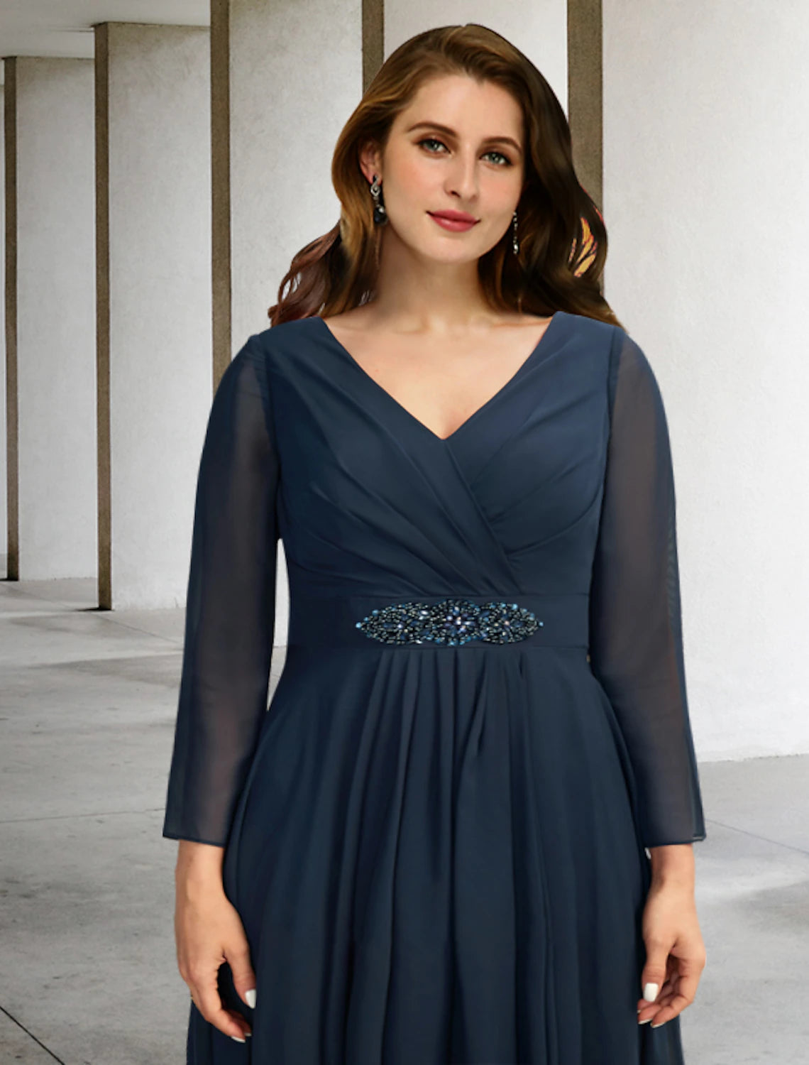 Formal long sleeve V-neck dress for Mother of the Bride, shown from side.