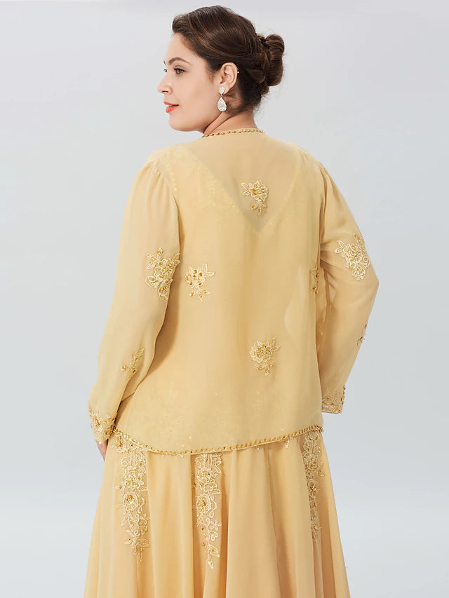 Woman posing in the long sleeve V-neck Mother of the Bride dress in purple.