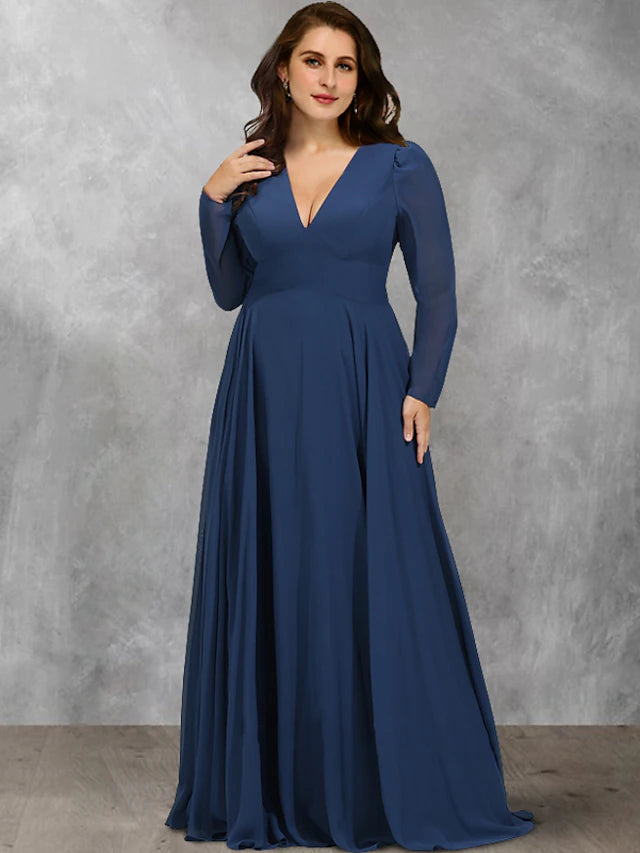 Plus size A-line Mother of the Bride dress with V-neck and long sleeves.