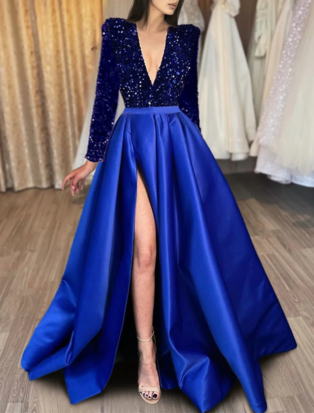 Elegant A-Line V-Neck long sleeve prom dress.