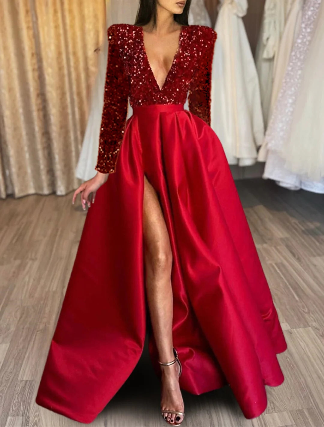 A-Line V-Neck formal gown with long sleeves.