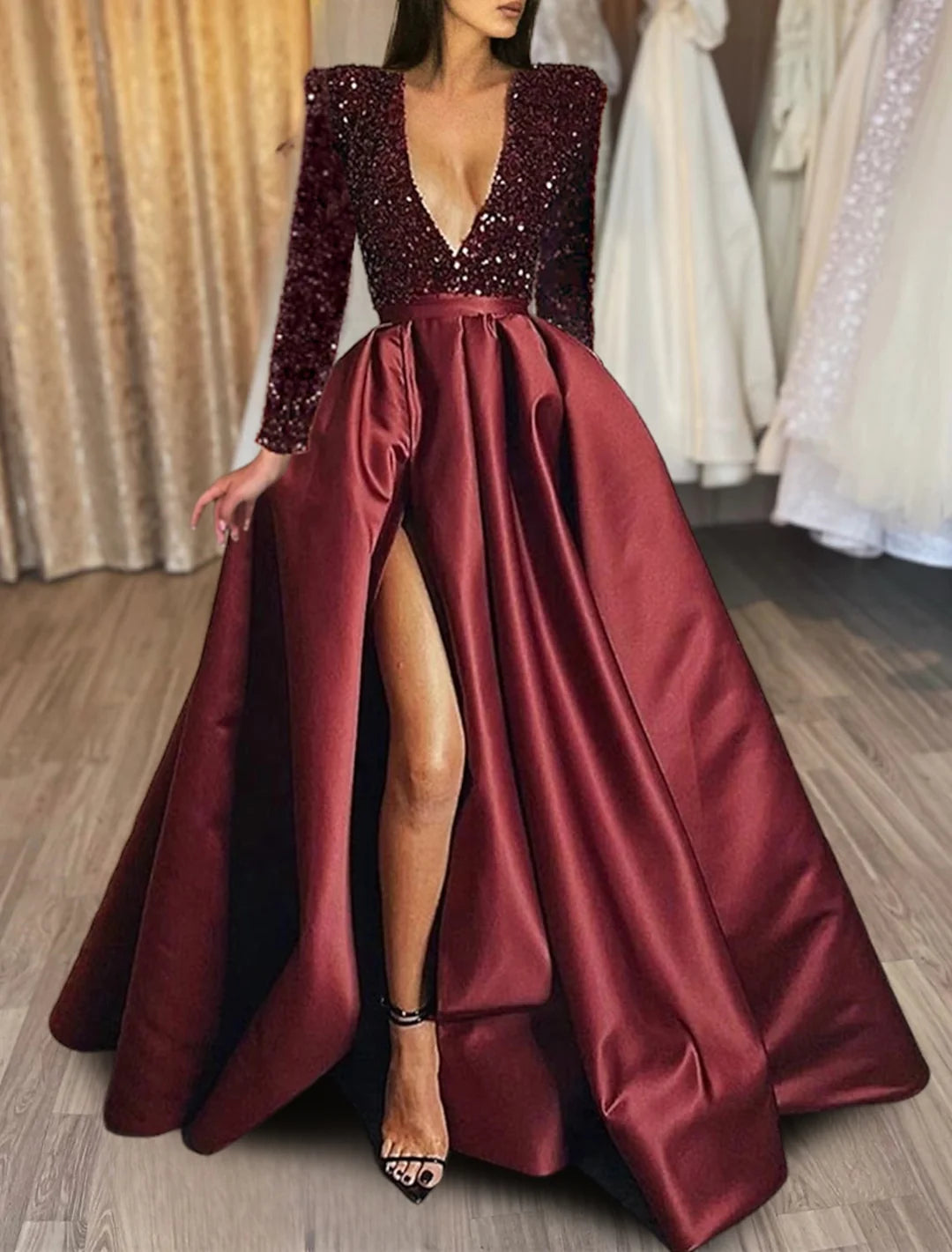 Sophisticated V-Neck A-Line wedding guest dress.