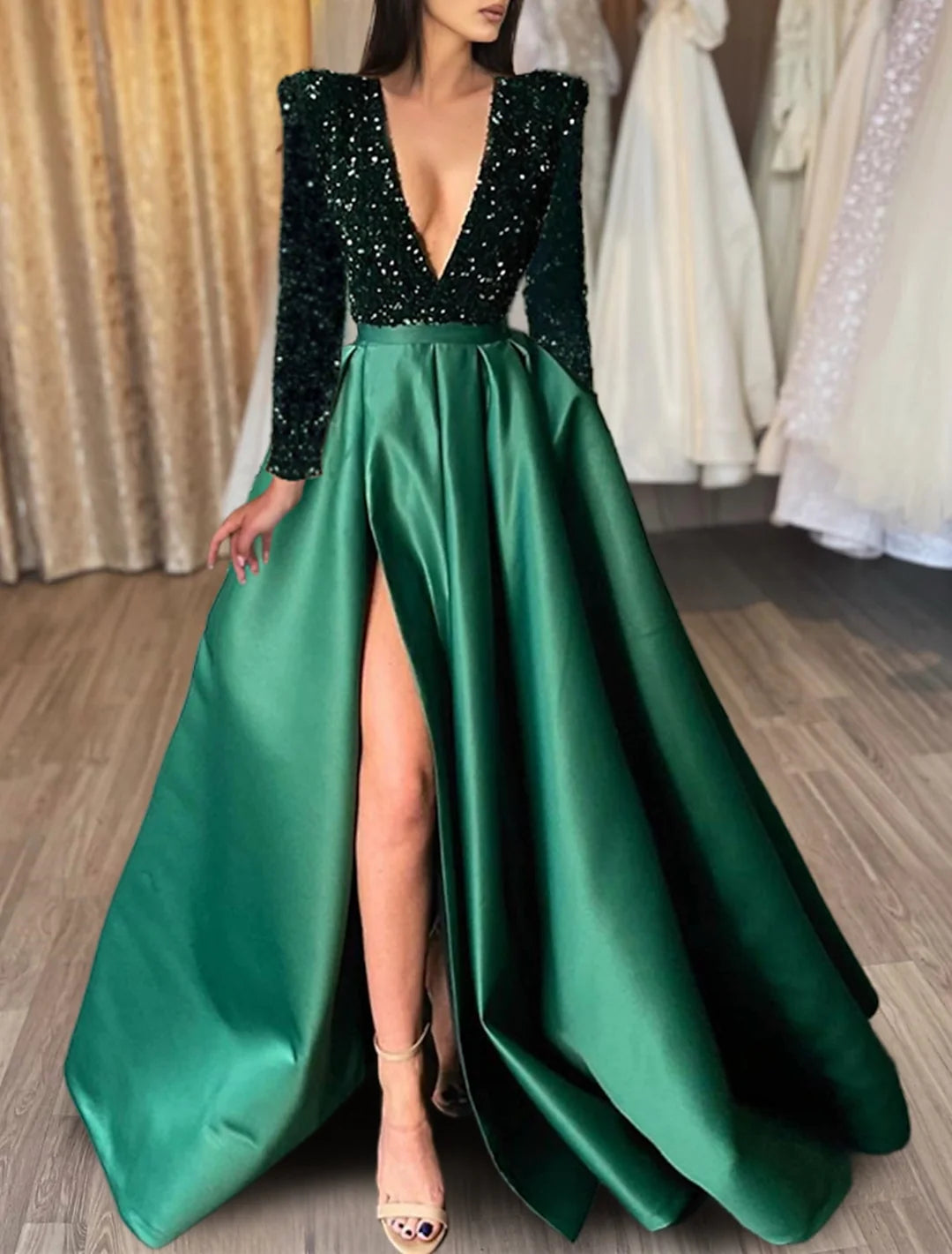 Long sleeve A-Line prom gown for special occasions.