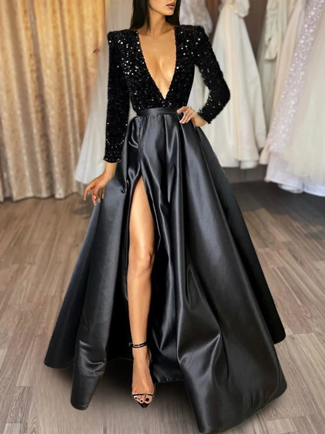 Full view of elegant A-Line V-Neck long dress.